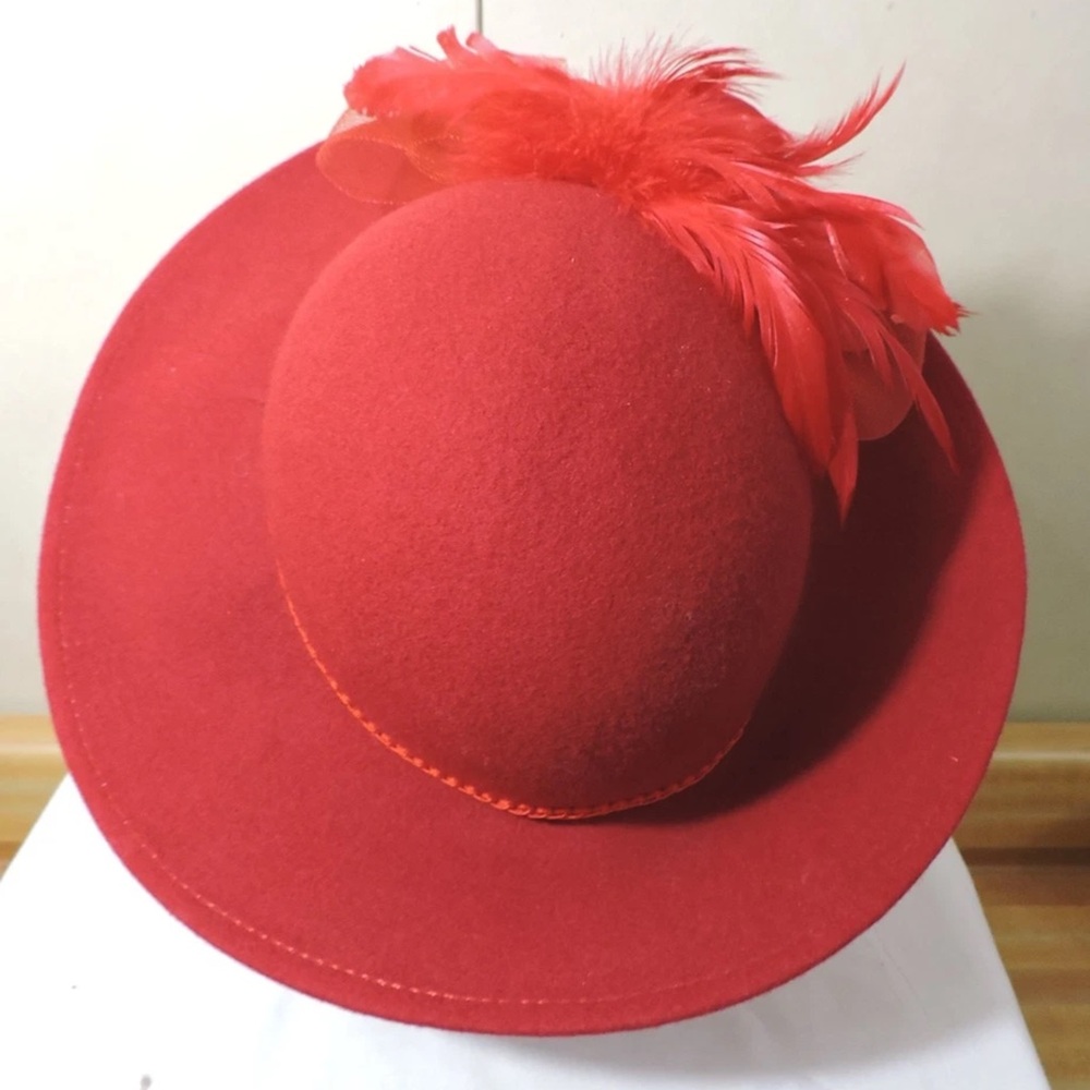 Lily Lee Red Feathered Wide-Brim Dress Hat - Picture 3 of 6